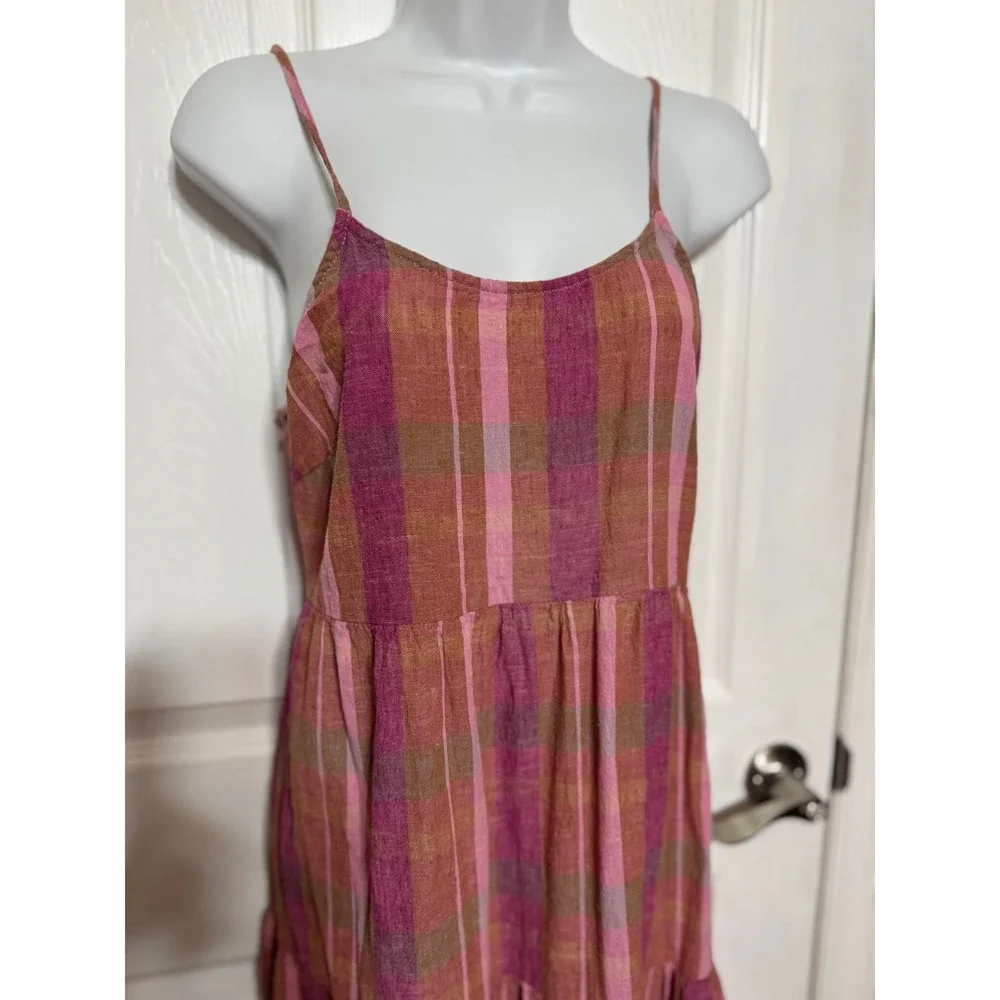 Beachlunchlounge Pink Orange Plaid Linen and cotton Blend Tiered Maxi Dress S - Picture 3 of 5